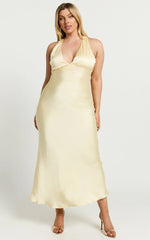 Khalani Midi Dress Deep V Neck Satin Slip Dress in Butter Yellow
