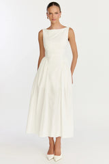 Casina Midi Dress Boat Neck Tie Back Fit And Flare Dress in Off White