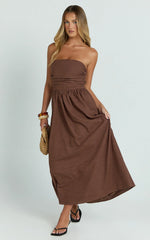 Polly Midi Dress Strapless Ruched Dress in Chocolate
