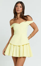 Izara Mini Dress Off Shoulder Pleated Dress in Lemon
