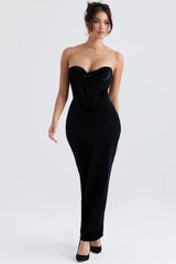 black velvet corset maxi dress
