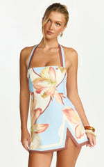 Robyn Mini Dress Square Neck Halter Neck Faux Wrap Dress in Retro Flower Border Print