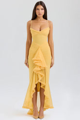 apricot ruffled front gown