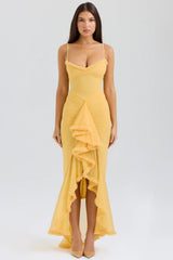 apricot ruffled front gown