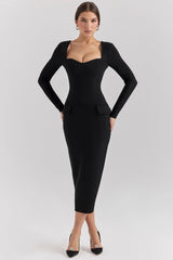 black stretch crepe long sleeve midi dress