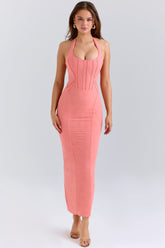coral stretch mesh halter neck midi dress