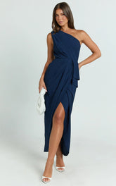 Namaari Midi Dress Faux Wrap One Shoulder Dress in Navy