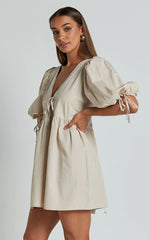 Rosita Mini Dress Tie Front Puff Sleeve Dress in Stone
