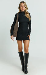 Ruby Mini Dress High Neck Long Sleeve Dress in Black