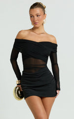 Jade Mini Dress Long Sleeve Off Shoulder Draped Bias Cut Dress in Black