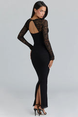 black lace long sleeved corset maxi dress