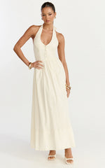 Everly Midi Dress Tie Halter Neck Button Down Bodice Fit And Flare Dress in Cream