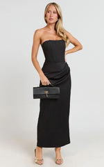 Avery Midi Dress Strapless Draped Side Split Dress in Black