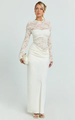 Crisanta Maxi Dress Long Sleeve Contrast Lace Bodycon Dress in Ivory