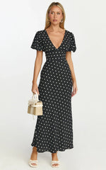 Elise Midi Dress V Neck Puff Sleeve Dress in Black Polka