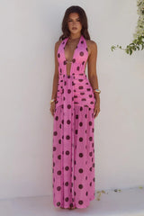 ADRIANNA PLUNGE RUCHED MAXI DRESS MUSK CHOC POLKA