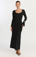 Michelle Maxi Dress Scoop Neck Flute Sleeve Knit Maxi Dress in Black