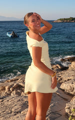 Goldie Mini Dress Tipped Off Shoulder Cap Sleeve Ruched Fitted Ruffle Hem Skirt Dress in Lemon