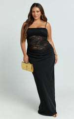 Rania Maxi Dress Contrast Lace Bodice Bias Cowl Drop Waist Dress in Black