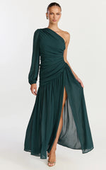 Grittah Maxi Dress One Shoulder Bishop Sleeve High Split Ruched Dress in Emerald