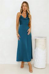 Nights Allure Satin Halter Maxi Dress Teal