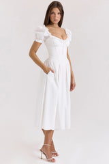 white stretch cotton puff sleeve midi dress