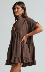 Calissa Mini Dress Frill Hem Smock Dress in Chocolate