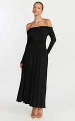Antonia Midi Dress Off The Shoulder Long Sleeve Dress in Black