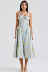 soft blue vintage floral print cotton halter sundress