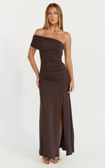 Opal Maxi Dress Off Shoulder Gathered Bodice Fit And Flare Dress in Dark Chocolate