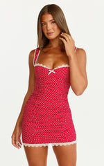 Camille Mini Dress Bustier Ruched Lace Trim Bodycon Dress in Red