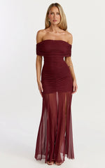 Alanna Maxi Dress Off Shoulder Ruched Mesh Dress in Wine