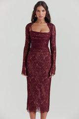 claret lace midi dress