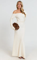 Ayla Maxi Dress Off Shoulder Flared Sleeve Bodycon Dress in Off White