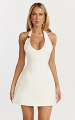 Leilani Mini Dress Plunge Gold Hardware Fit and Flare Dress in White