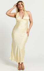 Khalani Midi Dress Deep V Neck Satin Slip Dress in Butter Yellow