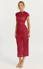 Emma Midi Dress Lace Cap Sleeve Bodycon Dress in Wine