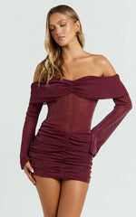Rumi Mini Dress Glitter Tulle Off Shoulder Ruched Dress in Wine