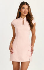 Jana Mini Dress Mandarin Collar Leg Split Bodycon Dress in Pink