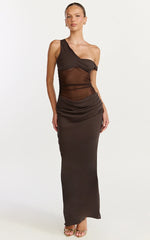 Elias Maxi Dress Twisted One Shoulder Cowl Dropped Waist Dress in Chocolate