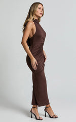 Olenna Midi Dress Halter Neck Twist Detail Tie Back Dress in Chocolate