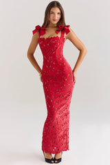holly red velvet lace maxi dress