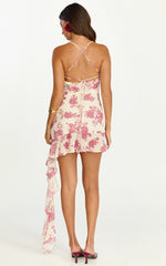 Lila Mini Dress Cowl Neck Asymmetric Frill Skirt Dress in Toile De Joie Print