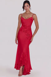 red hand beaded embellished satin maxi dress limited edition