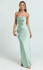 Hanna Maxi Dress Satin Cowl Neck Low Back Dress in Sage