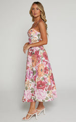 Robertson Midi Dress Strappy Sweetheart Bustier Flare Dress in Spring Floral