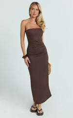 Natasha Midi Dress Strapless Ruched Column Dress in Chocolate