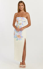 Astra Midi Dress Strapless Split Leg Column Dress in Astra Posey Floral Print