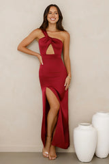 Strong Desire Satin One Shoulder Maxi Dress Burgundy