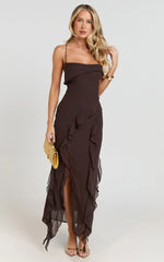 Connie Midi Dress Ruffle Detail Dress in Chocolate